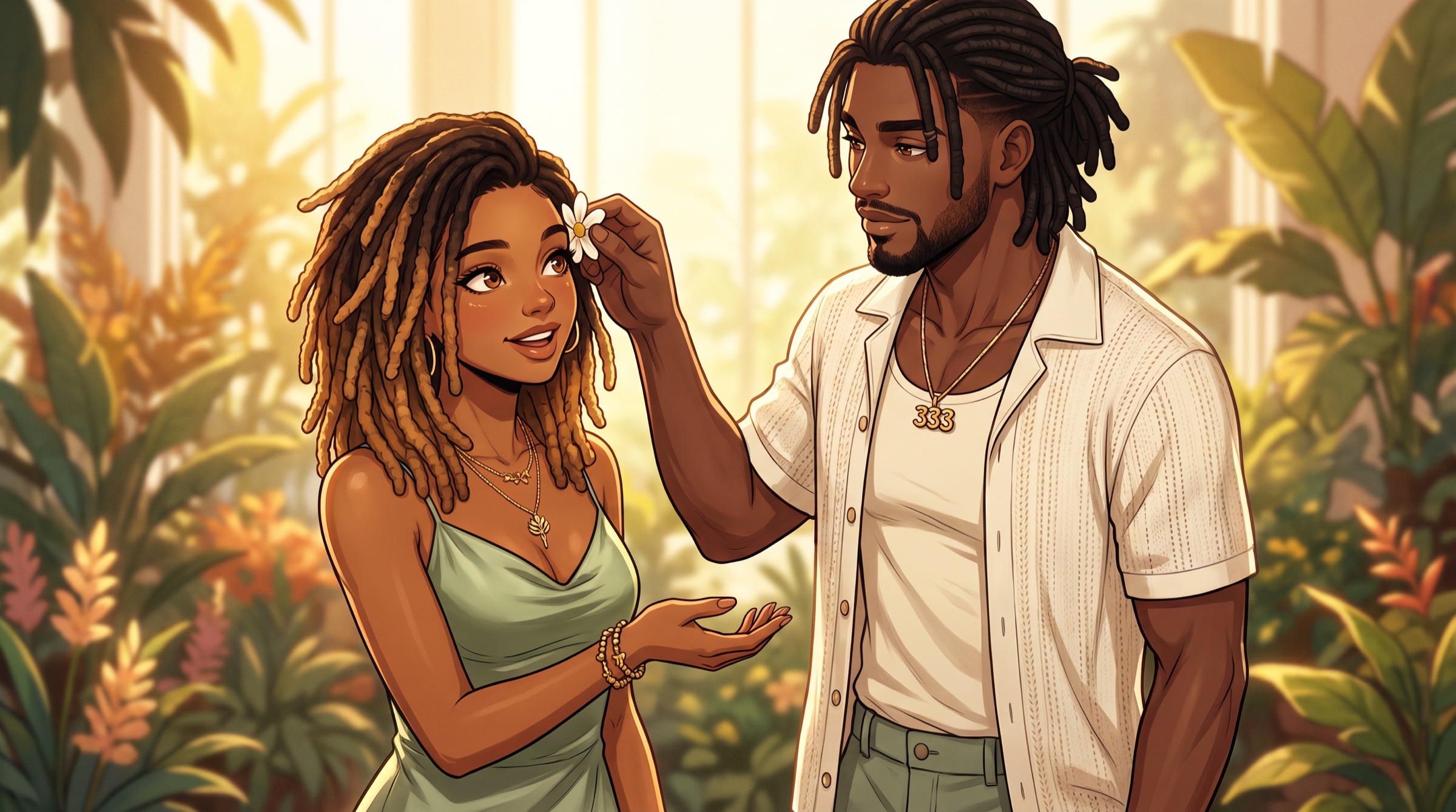 Soulchild333 placing a flower in a woman's hair in a sunlit garden