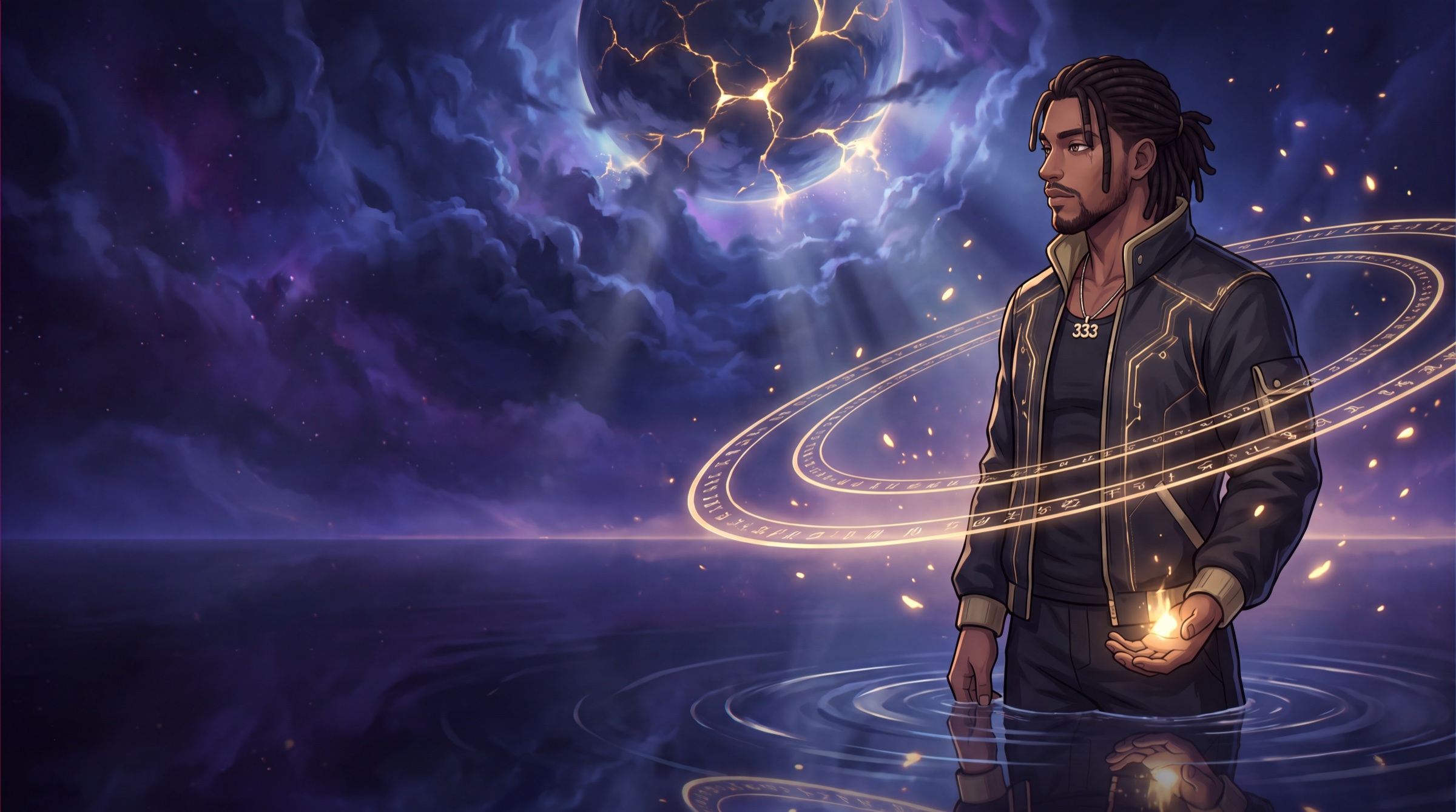 Soulchild333 surrounded by golden orbits over water beneath a violet sky