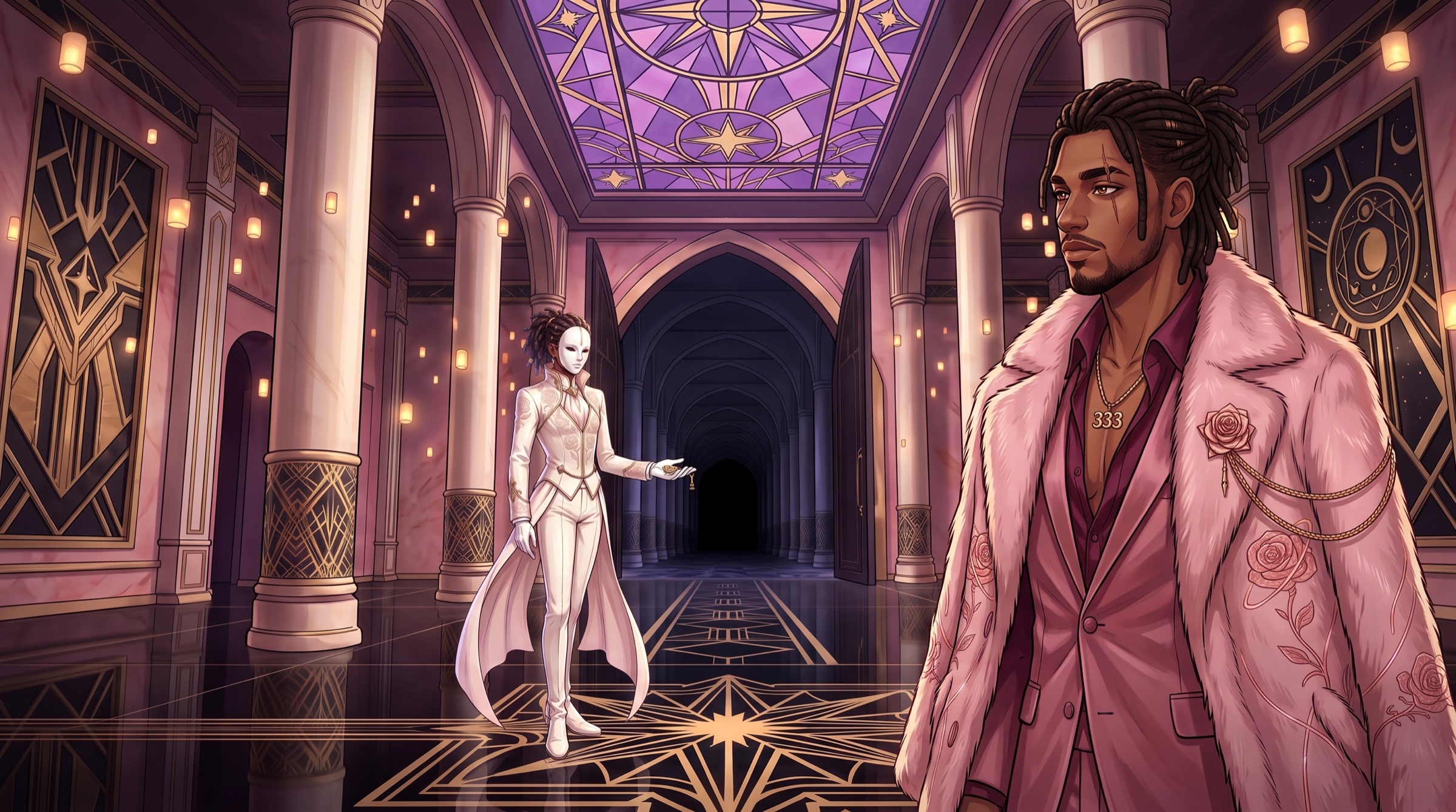 Soulchild333 in a pink coat inside a celestial hall