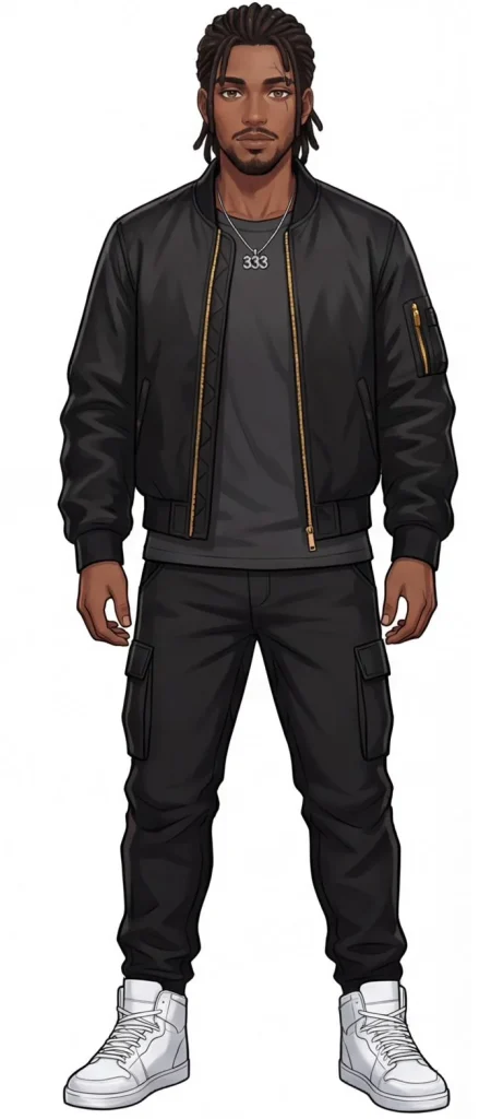 Soulchild333 standing in a black bomber jacket and cargo set with a gold 333 pendant, Righteous Distance era reference still