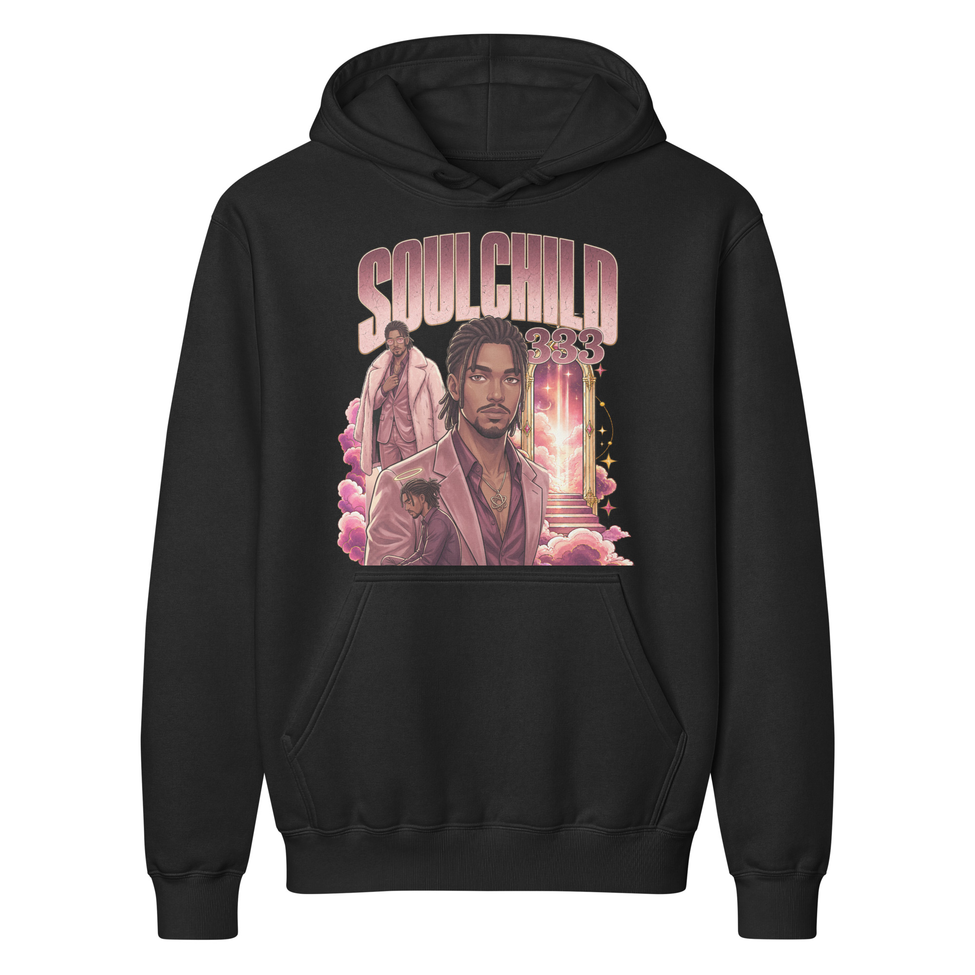 Black Soulchild333 hoodie with rose and plum portrait artwork and a celestial doorway